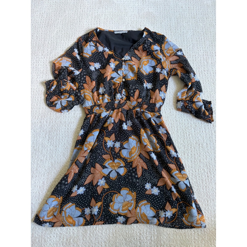 Floral Mini Dress Womens M Black Blue Excellent Boho Whimsigoth Smocked Waist